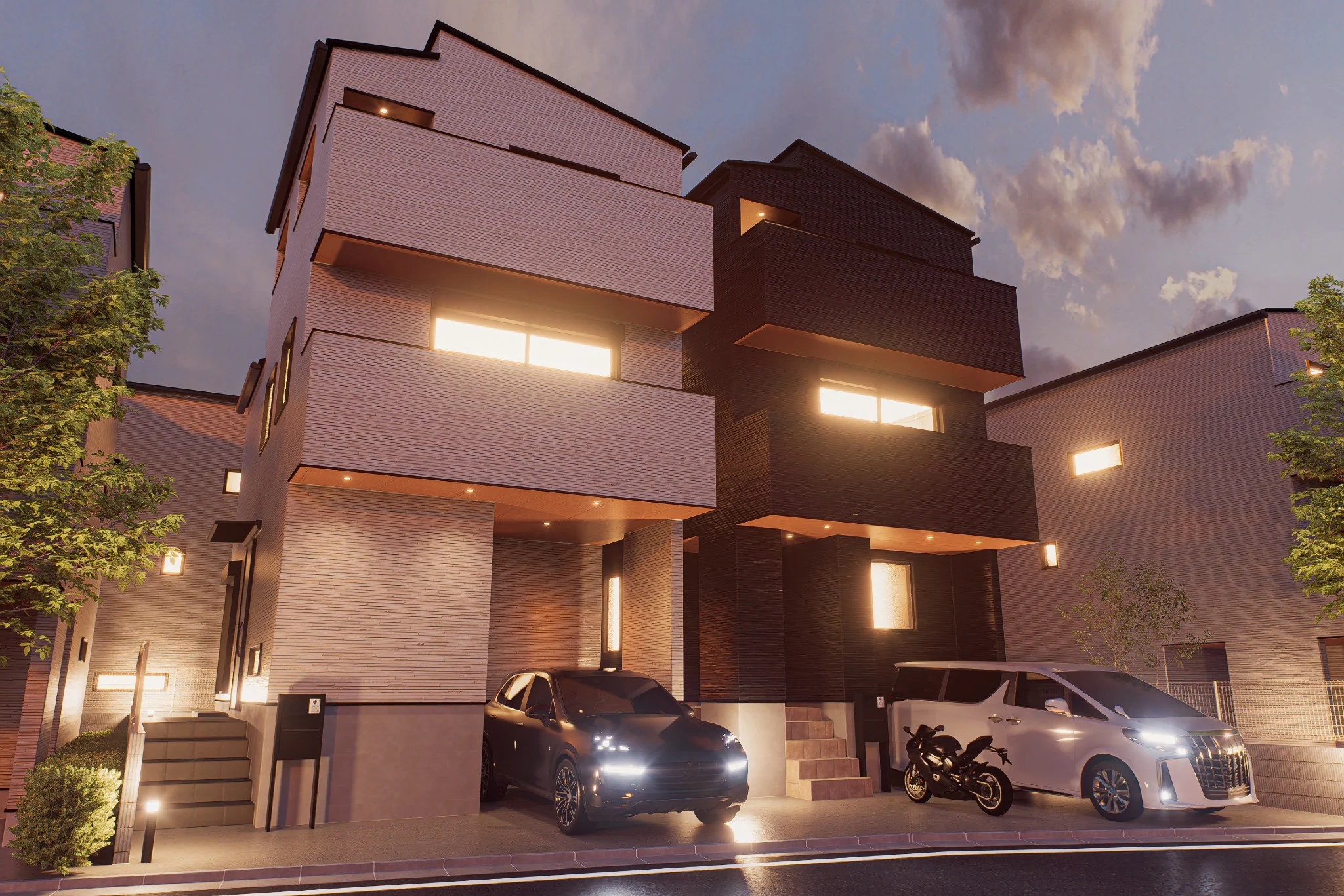 西富 分譲住宅|外観 夕景