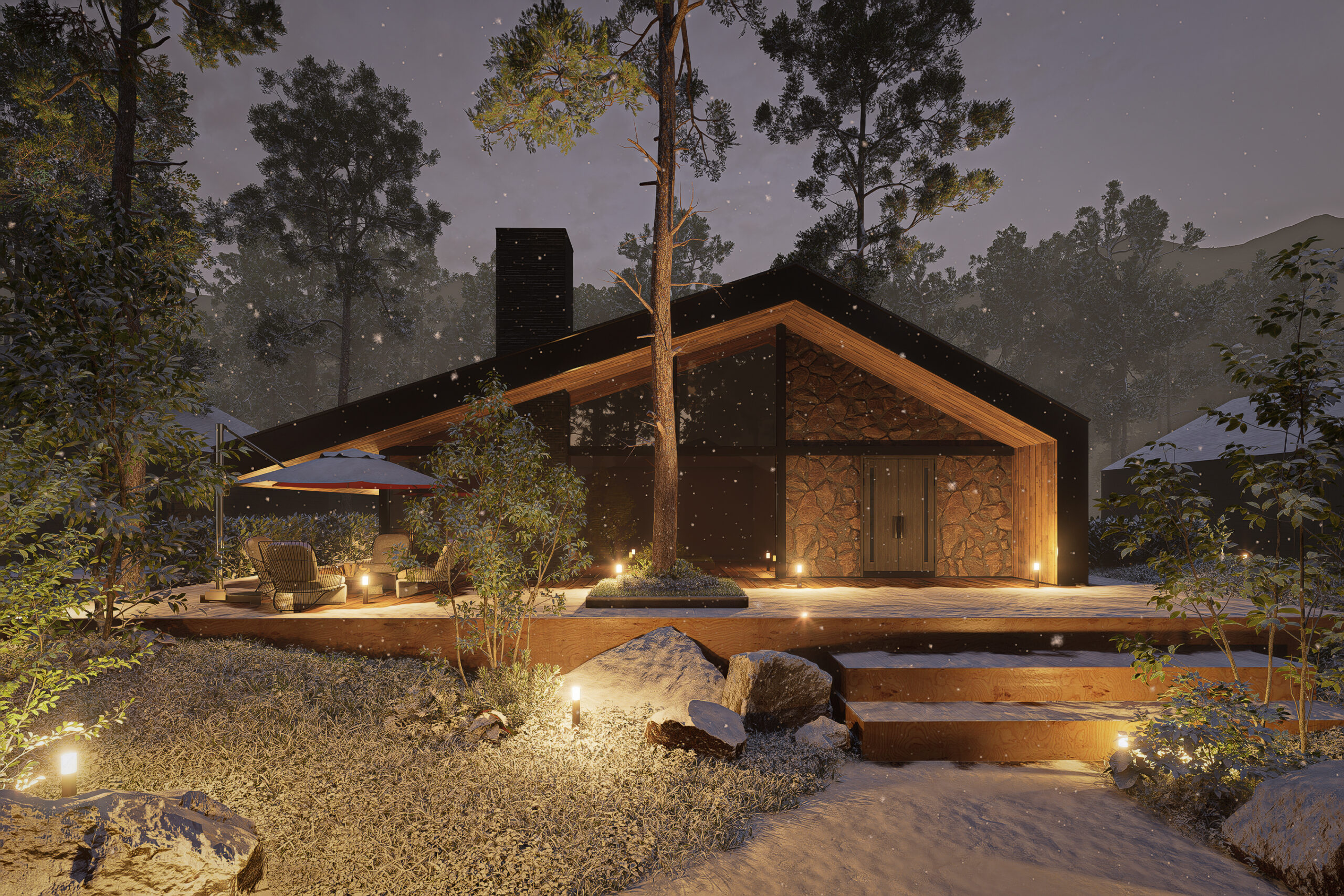 雪が降り注ぐヴィラ